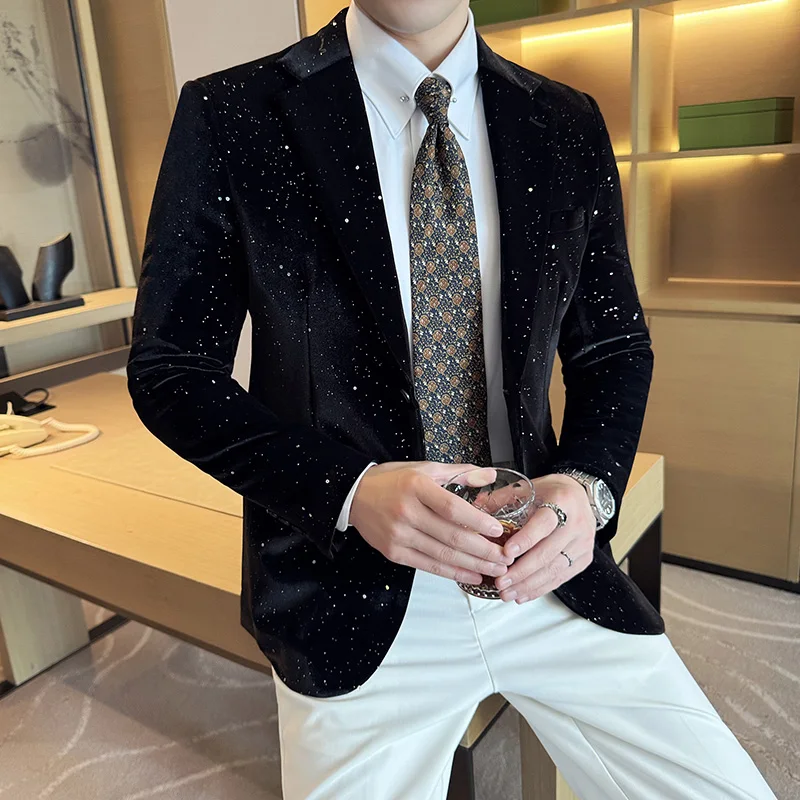 Men Suit Jacket Autumn Velvet Blazer Business Fashion Printed Suit