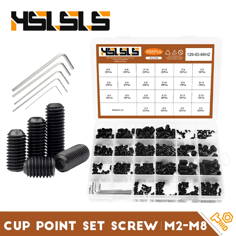 

HSLSLS 666pcs Set Screw Cup Point Grub Screw Assortment Kit M2 M3 M4 M5 M6 M8 Hex Socket Headless Screw Kit 12.9 Carbon Steel