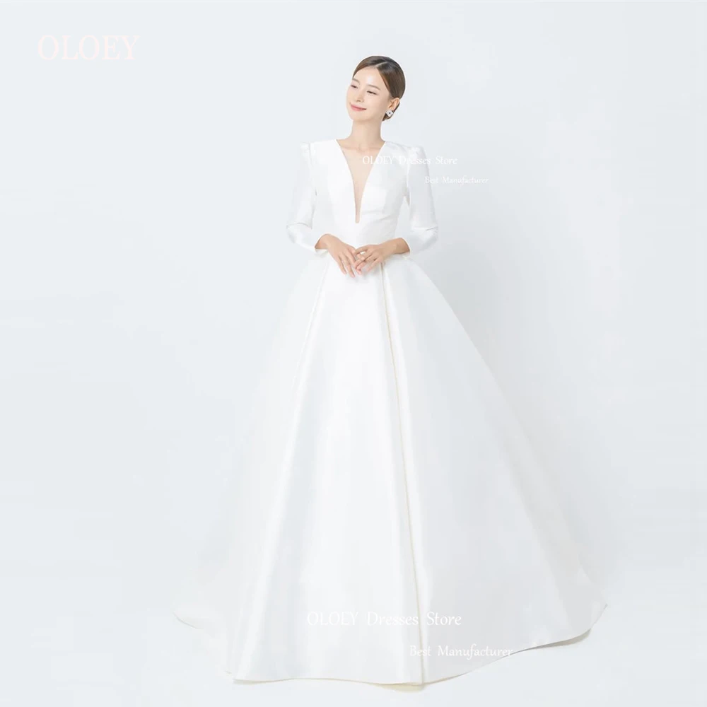 

OLOEY 2023 Simple Satin A Line Korea Wedding Dresses Photoshoot Long Sleeves V Neck Floor Length Bridal Gowns Mariage Custom