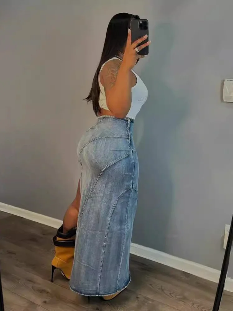 Wmstar Only Denim Skirts Women's Clothing Maxi Sexy Bodycon Irregularity Slip Hem Long Flounce Skirt Wholesale Dropshipping
