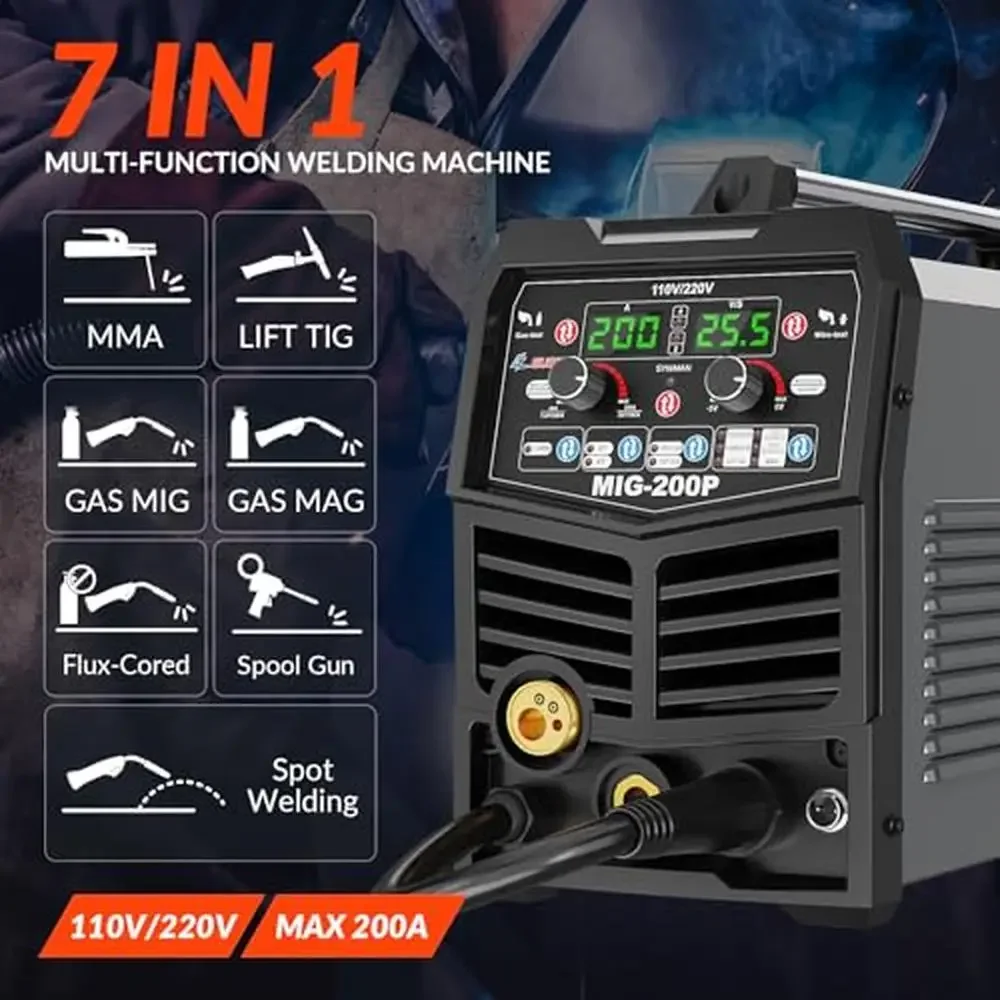 200A 7-in-1 Multi-Process Welding Machine Gas MIG/MAG/Flux Core/Lift TIG/Stick/Spot/Spool Gun Dual LCD Display Tig Welder 2