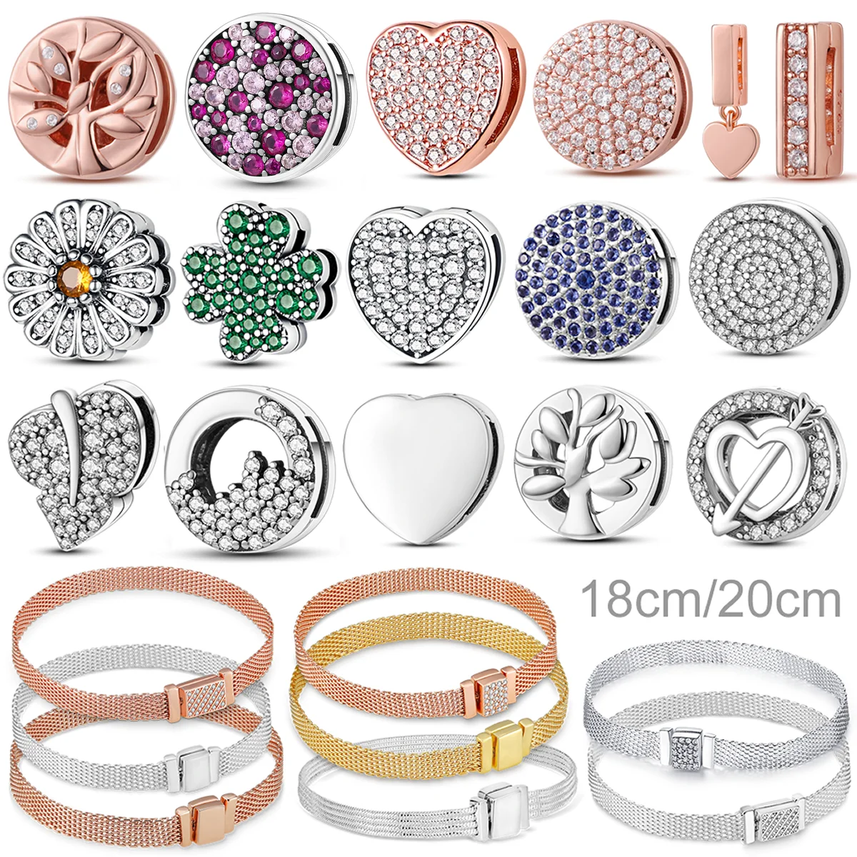 Sterling Silver Jewelry 925 Sterling Silver Mesh Safety Chain Clip Bee Butterfly Round Charm Beads fit Original Pandora Mesh Bracelet