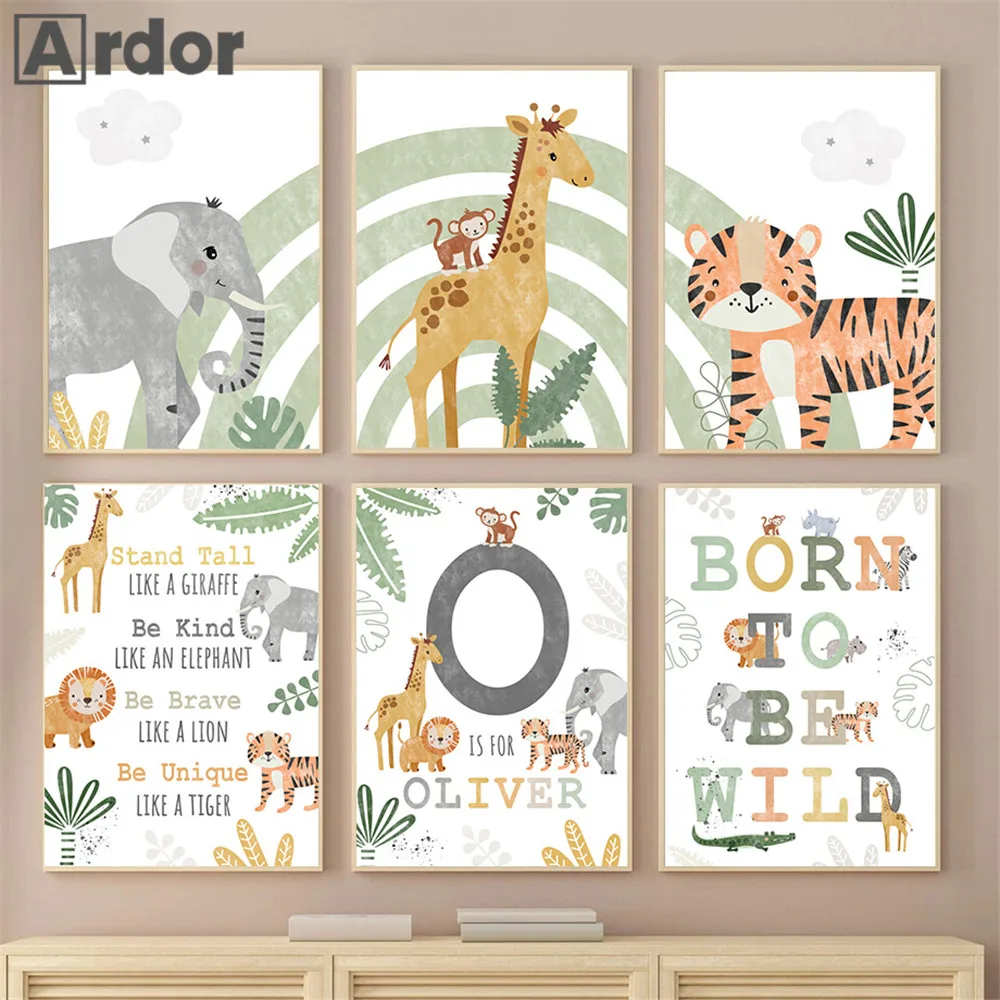 

Jungle Animals Nursery Art Prints Custom Name Poster Tiger Giraffe Elephant Canvas Painting Nordic Wall Pictures Kids Room Decor