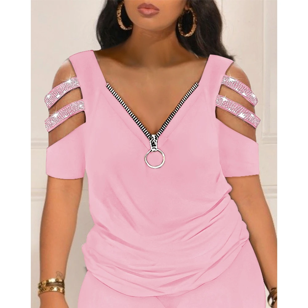 Women Solid Zip Design Rhinestone Cold Shoulder T-shirts & Cutout Shorts Set Female Casual Two Pieces Set Summer Woman Clothing