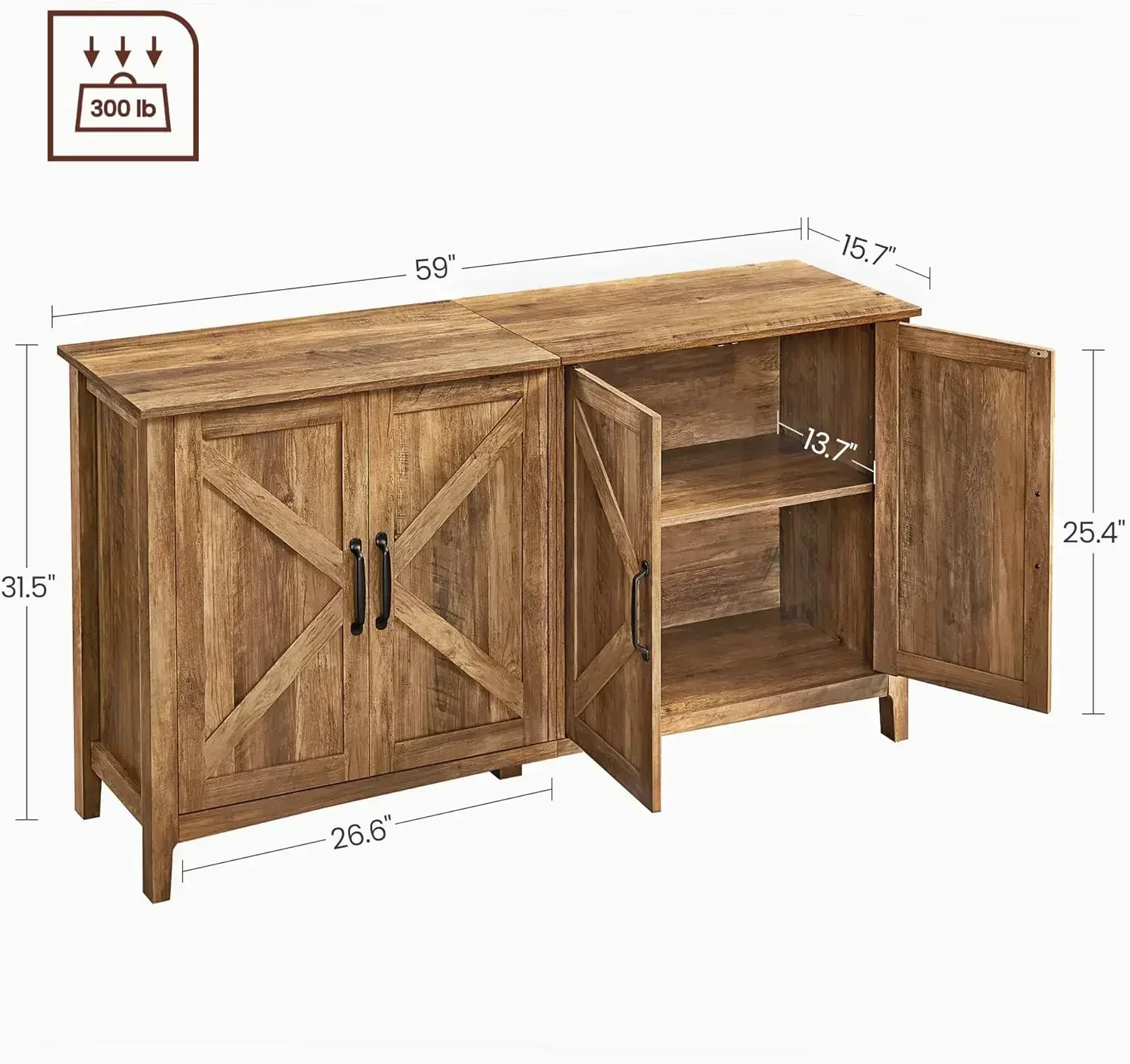 New2025-Buffet Storage Cabinet, 15.7" D x 59" W x 31.5" H Credenza Sideboard Table, Kitchen Cupboard with Adjustable Shelves for
