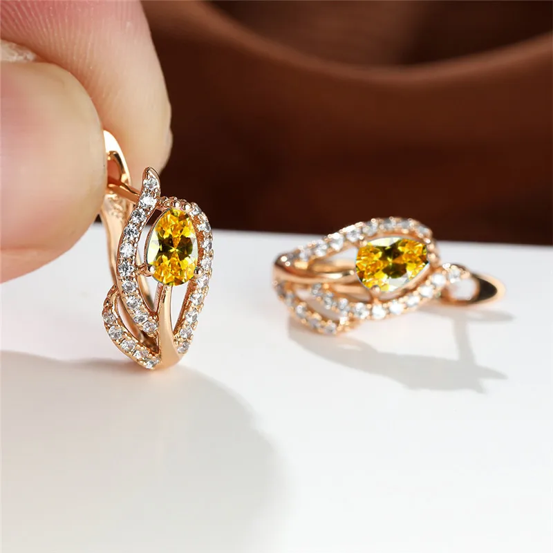 Charm Female Pink Blue Zircon Stone Flower Clip Earrings For Women Gold Color Water Drop Wedding Jewelry