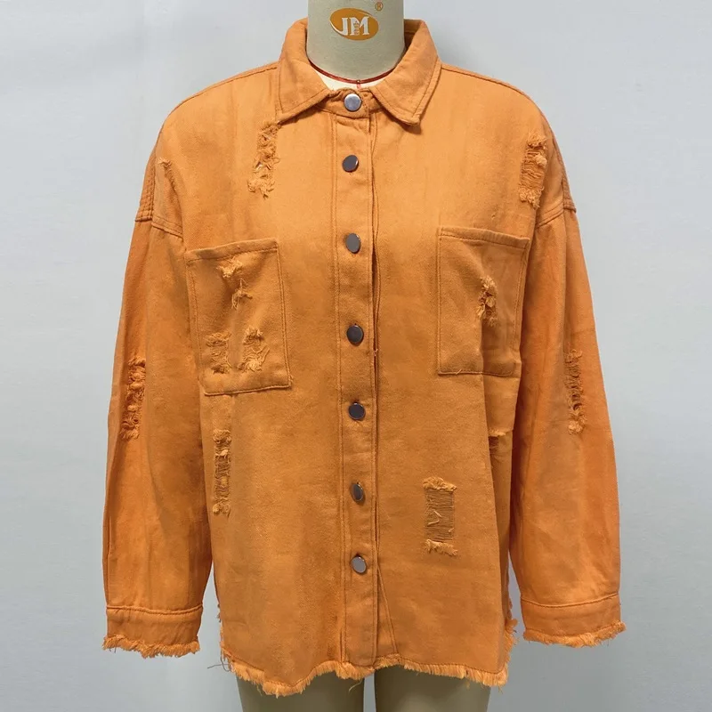 Women Fashion Ripped Denim Jacket Turn Down Collar Long Sleeve Tops Single Breasted Tassels Coat Loose Shirts & Blouses Outwear photo