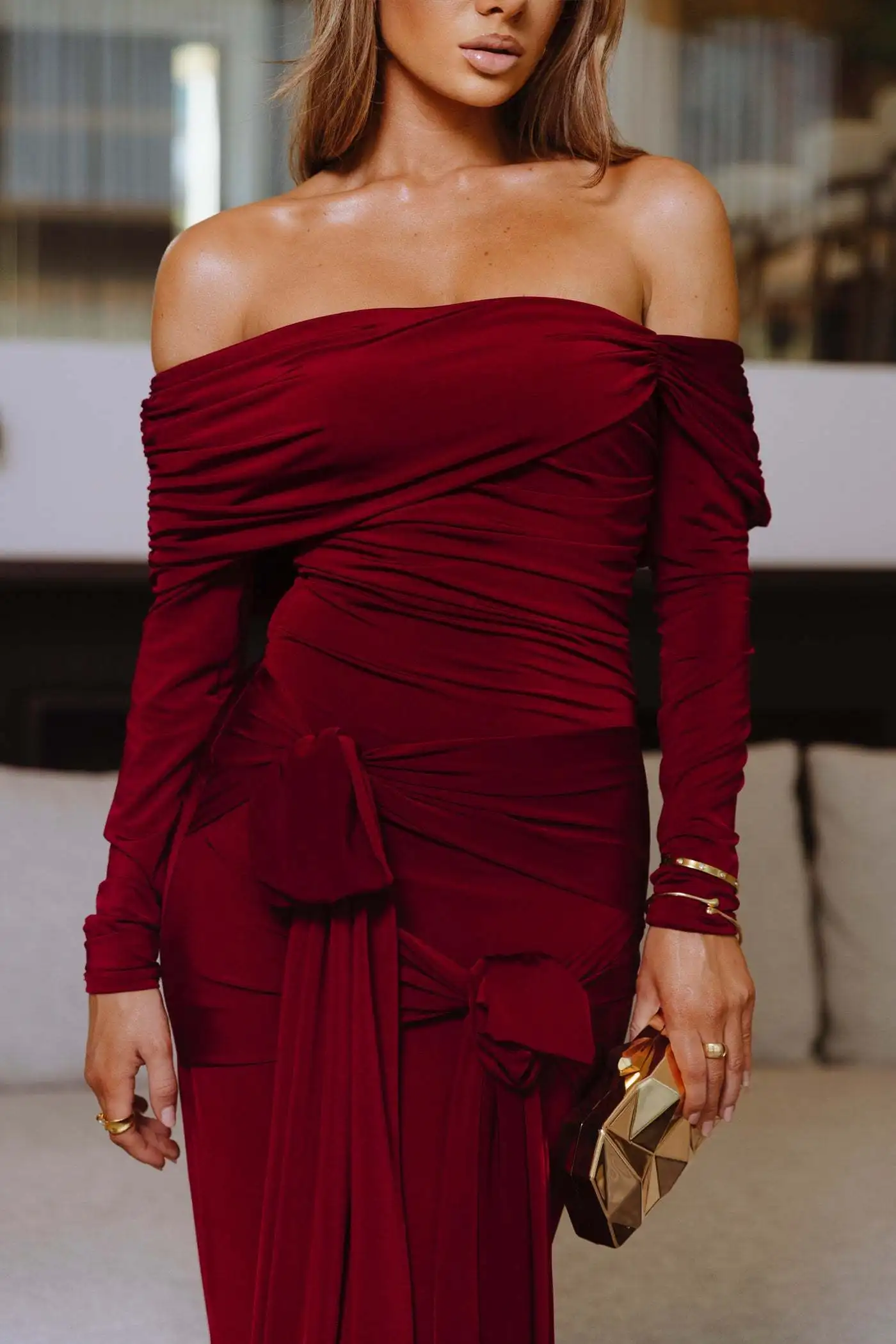 Elegant Long Sleeved Stretch Tight Bow Pleated Evening Dress Women Sexy Backless Bodycon Party Autumn Winter Vestido