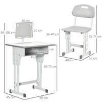 Ensemble bureau et chaise pour enfants Homcom pour les plus de 6 ans, hauteur réglable avec 1 tiroir et étagère à livres 60X45X90-102 cm Gris 5