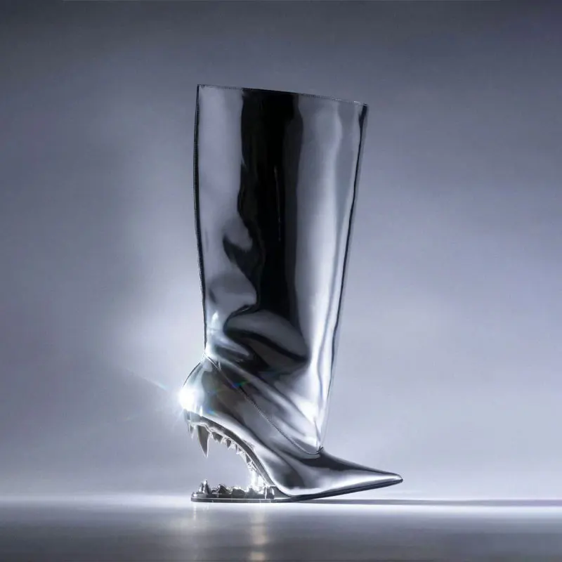 

European and American New Shiny Face Women's Knee Length Boots Fashion Pointed Teeth Design Sense High Heel Model Show Boots