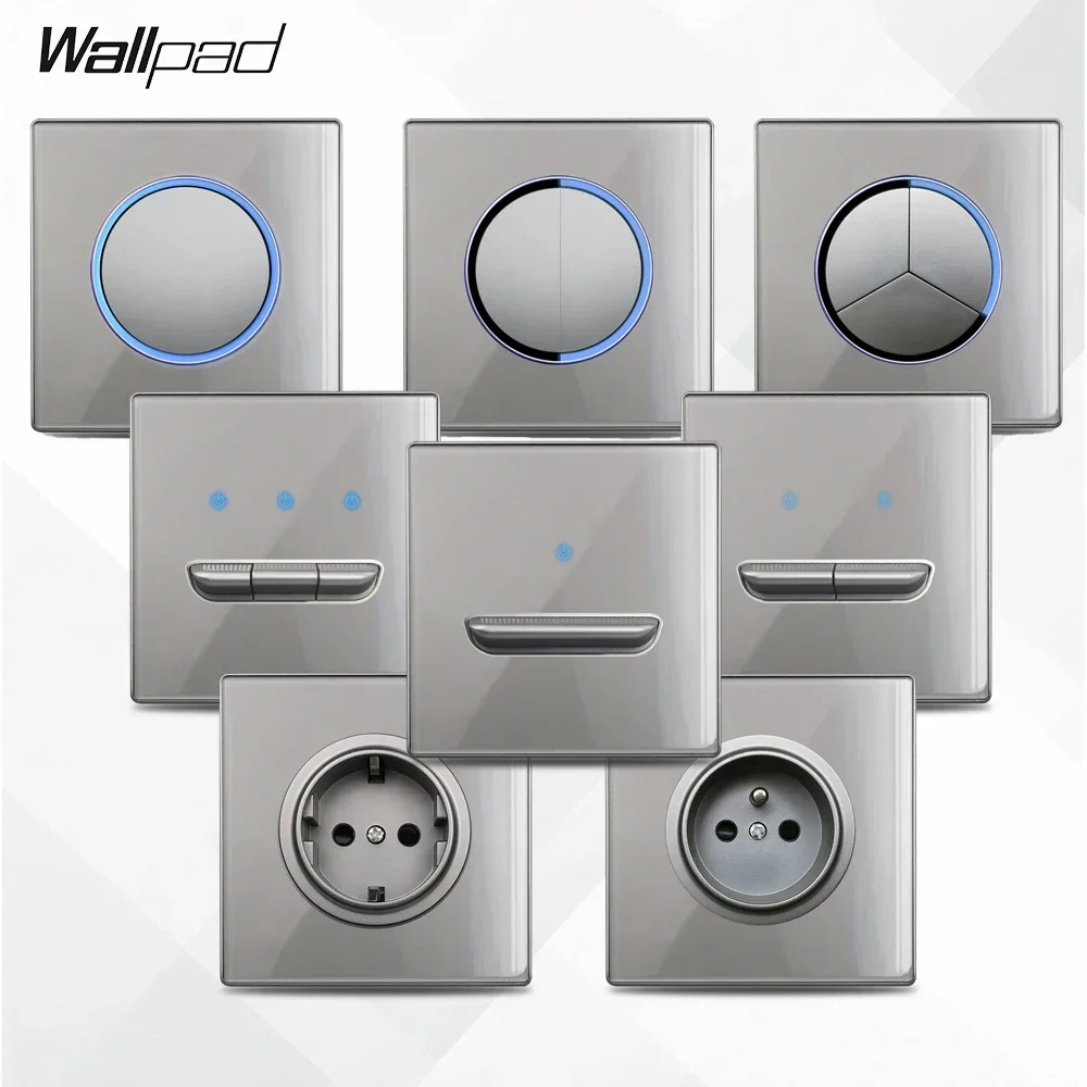 Glass Panel Grey Wall Switch Round Button with Blue LED Indicator Press Button Home Office EU Electrical Outlet Power Socket