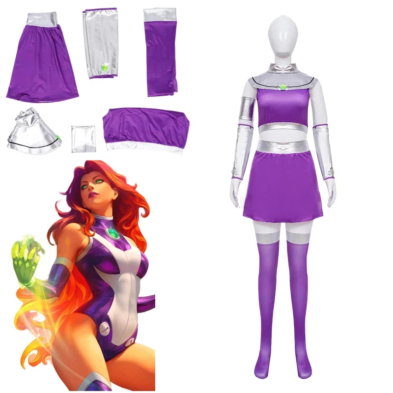

Anime Super Hero Starfire Teen Titans Cosplay Costume Full Set Women Girl Halloween Party Stage Performance Christmas Uniform