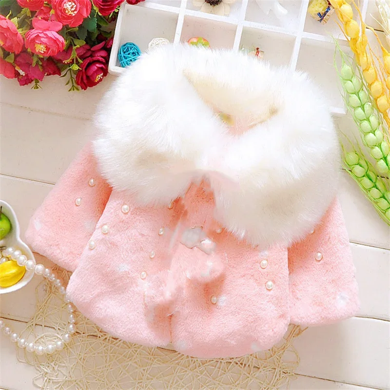 Winter Coat for Baby Girls Pearl Polka Dot Children's Thick Cotton Clothing 0-3 Years Old with Collar for Warmth