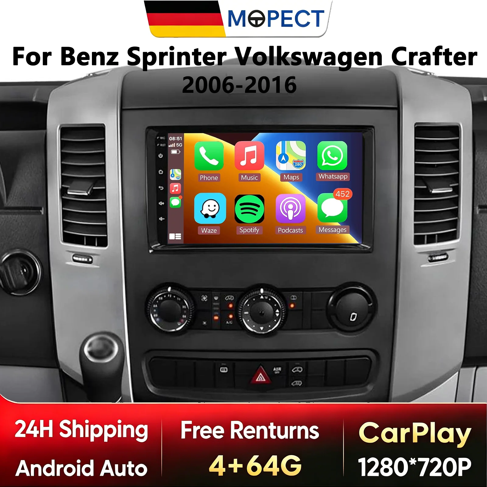 Radio Multimedia para Auto con Android de 10.1 Pulgadas, Inalámbrico, con CarPlay, para VW Crafter 2006-2011 / Mercedes Sprinter 2006-2016, Reproductor de Video, GPS, Estéreo, DAB+, DVR 1