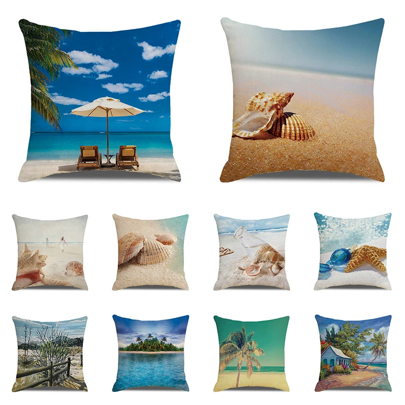 2022 Beach Pillowcase Shell Sea Thread Printing Cushion Cover Square Pillowcase Sofa Chair Linen Pillowcase Home Decor 45X45CM