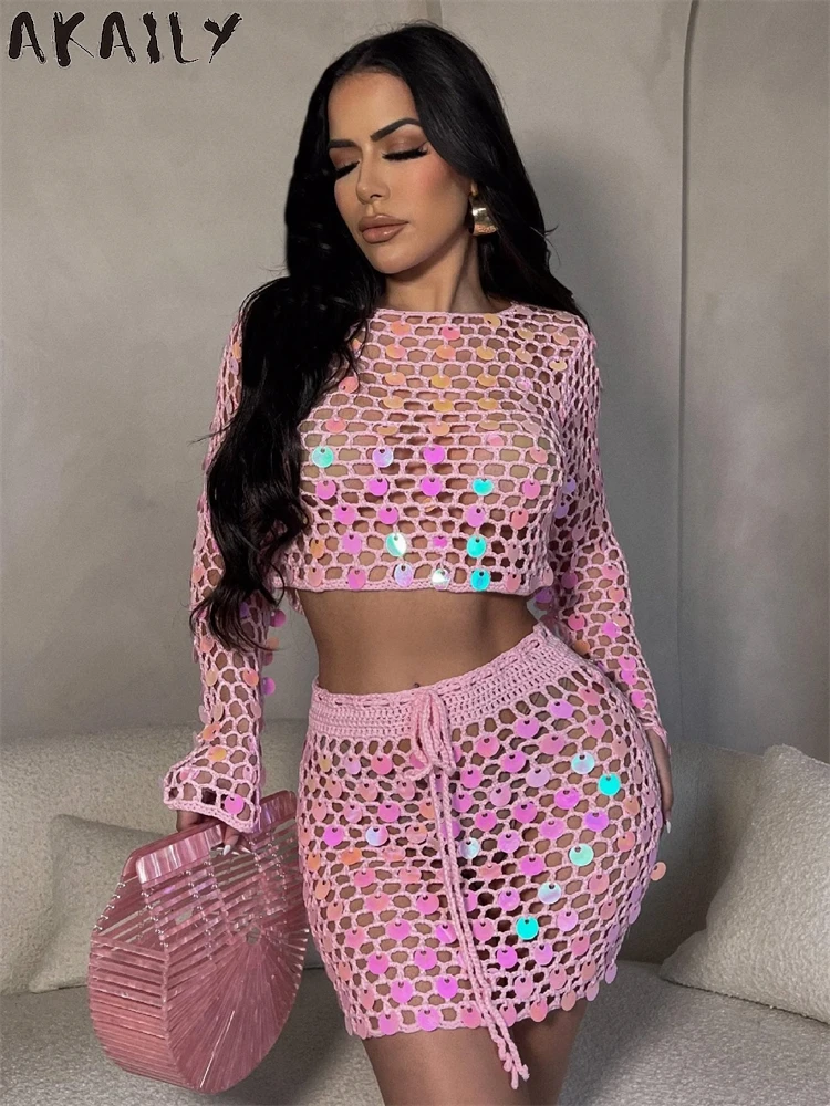 

Akaily Summer Pink Sequins Crochet 2 Two Piece Sets Beach Outfits Women 2024 Sexy See Through Fishnet Crop Top Skirt Sets