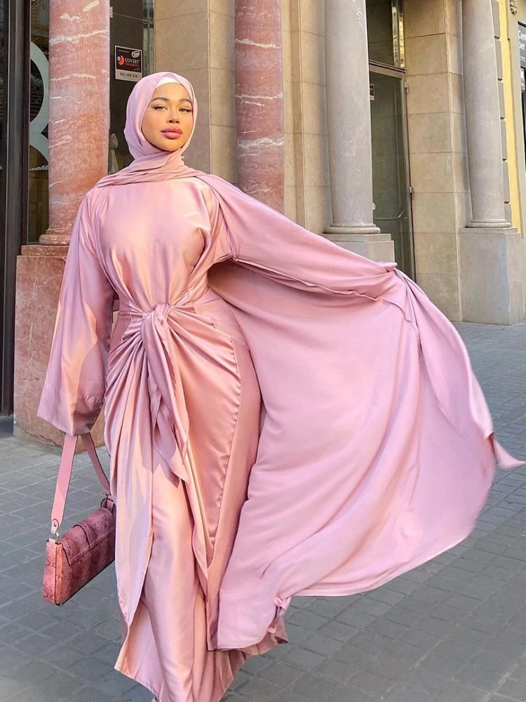 Open Abaya 2 Piece Matching Muslim Set Eid Satin Abayas for Women Dubai Turkey Hijab Wrap Dress African Islamic Clothing Kaftan