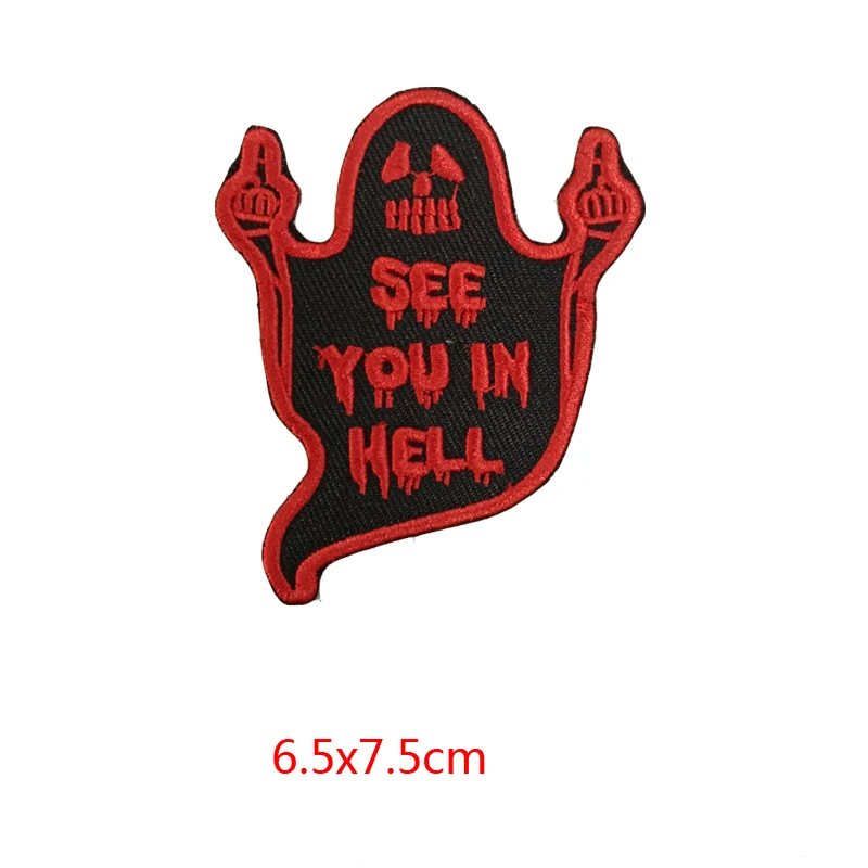 

Нашивка с призраком из ада «See You in Hell», вышитая аппликация для байкеров, Приклеивание с помощью утюга, нашивка с эмблемой, одежда, декоративные тканевые наклейки
