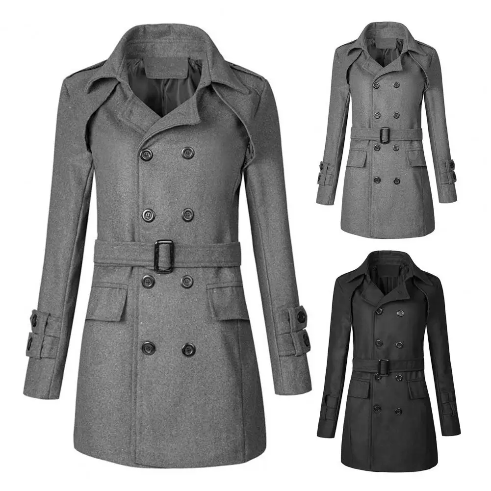 New Men's Mid-length Woolen Single Breasted Trench Coat Jacket Windbreaker
