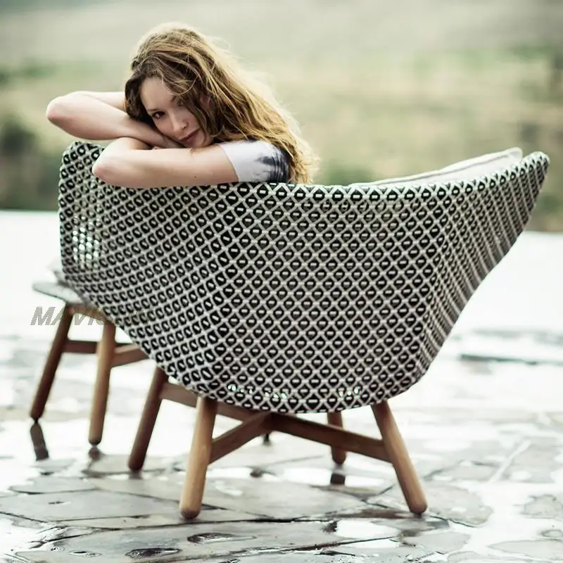 Outdoor Reclining Bed With Coffee Table Combination Teak Rattan Single Sofa Garden Furniture Balcony Leisure Villa Patio Chair