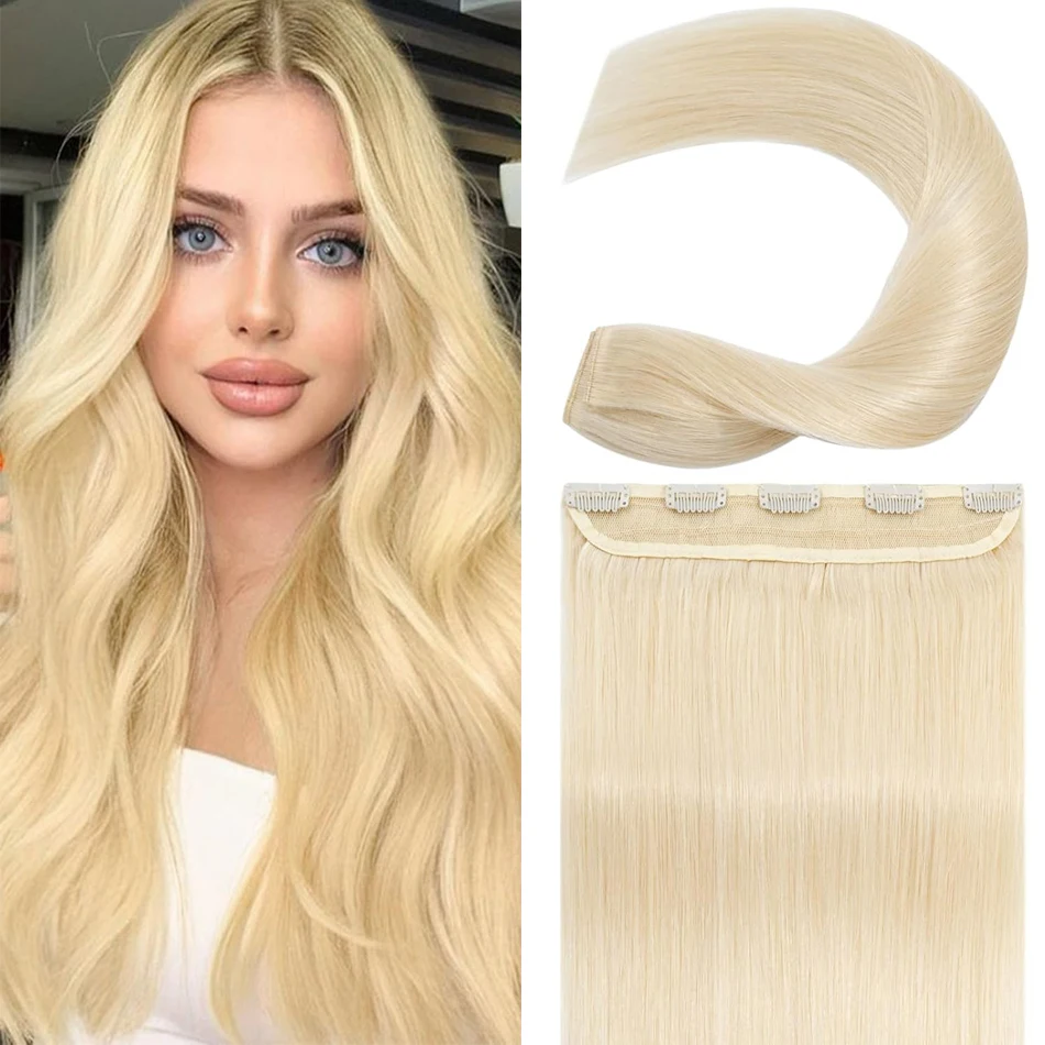 Straight Clip in Hair Extensions One Piece 5Clips 3/4 Full Head Shaped Weft Thicker Hair Blonde Mix Bleach Blonde #613 for Women