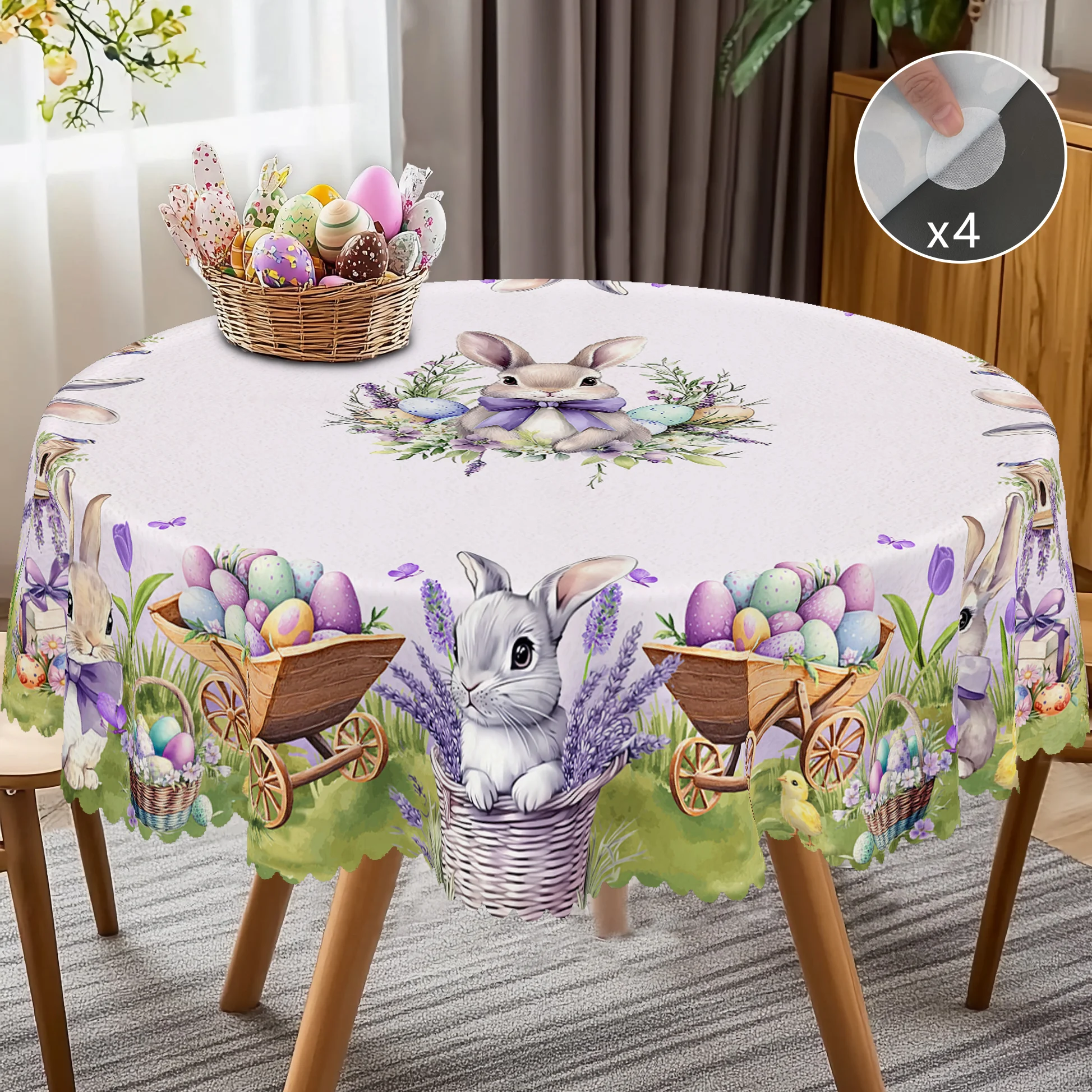 1 Easter Round Tablecloth, 5 Sizes Available, Lavender Easter Bunny Egg Print Tablecloth, Edge Embossing Process, Spring Garden Tablecloth Decoration, Tablecloth for Daily Home Kitchen, Terrace Use, Decoration