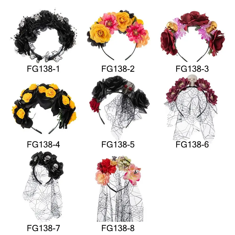 1pc Rose Flower Headband Mexican Rose Flower Crown Headband Headpiece with Black Veil Halloween Party Costume Cosplay Headwear