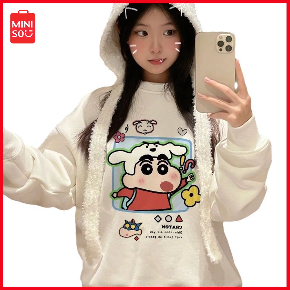 

2023 Miniso Crayon Shin-Chan Japanese Anime Women's Printed Loose Sleeved Pullover New Winter White Round Neck Fashion Top