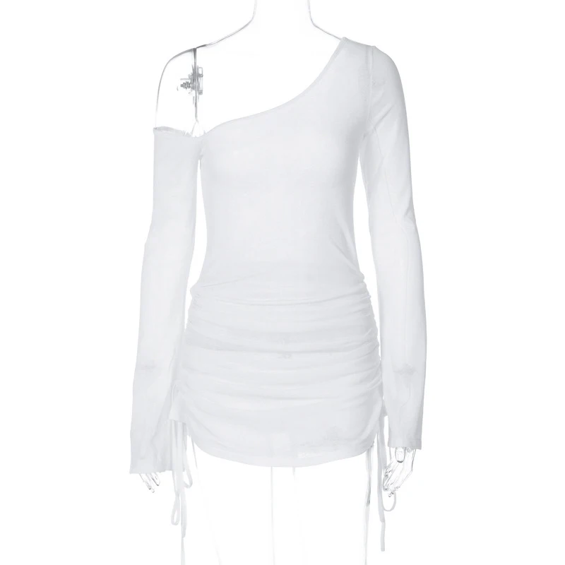 y2k Off Shoulder Dress 2000s Women Sheer Drawstring Ruched Long Sleeve Mini Dress Vacation Party Dresses Beach Cover Up