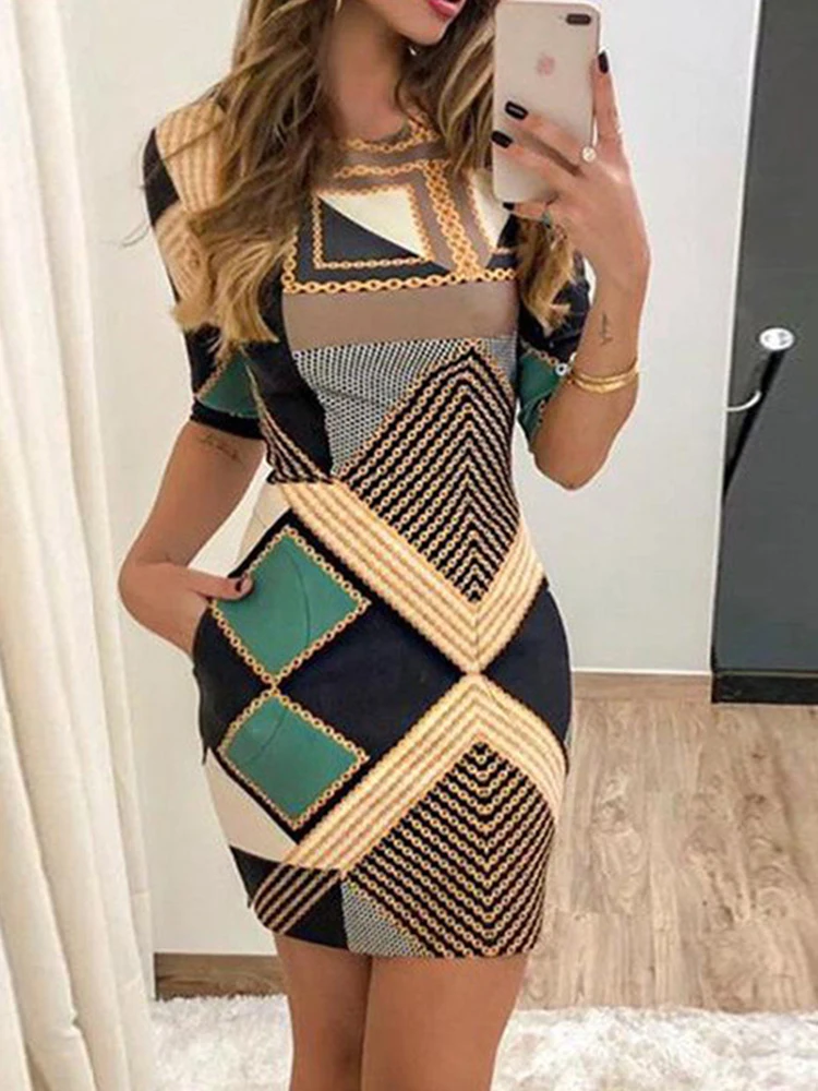 

Chic Geo Print Colorblock Pocket Design Bodycon Dress Women Half Sleeve Slim Summer Midi Dresses