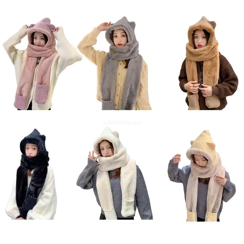 

Windproof Scarf Fashion Hooded Scarf Hat Glove 3 in 1 Sets Women Winter Warm Soft Hood Scarf Snood Pocket Hats Gloves Dropship