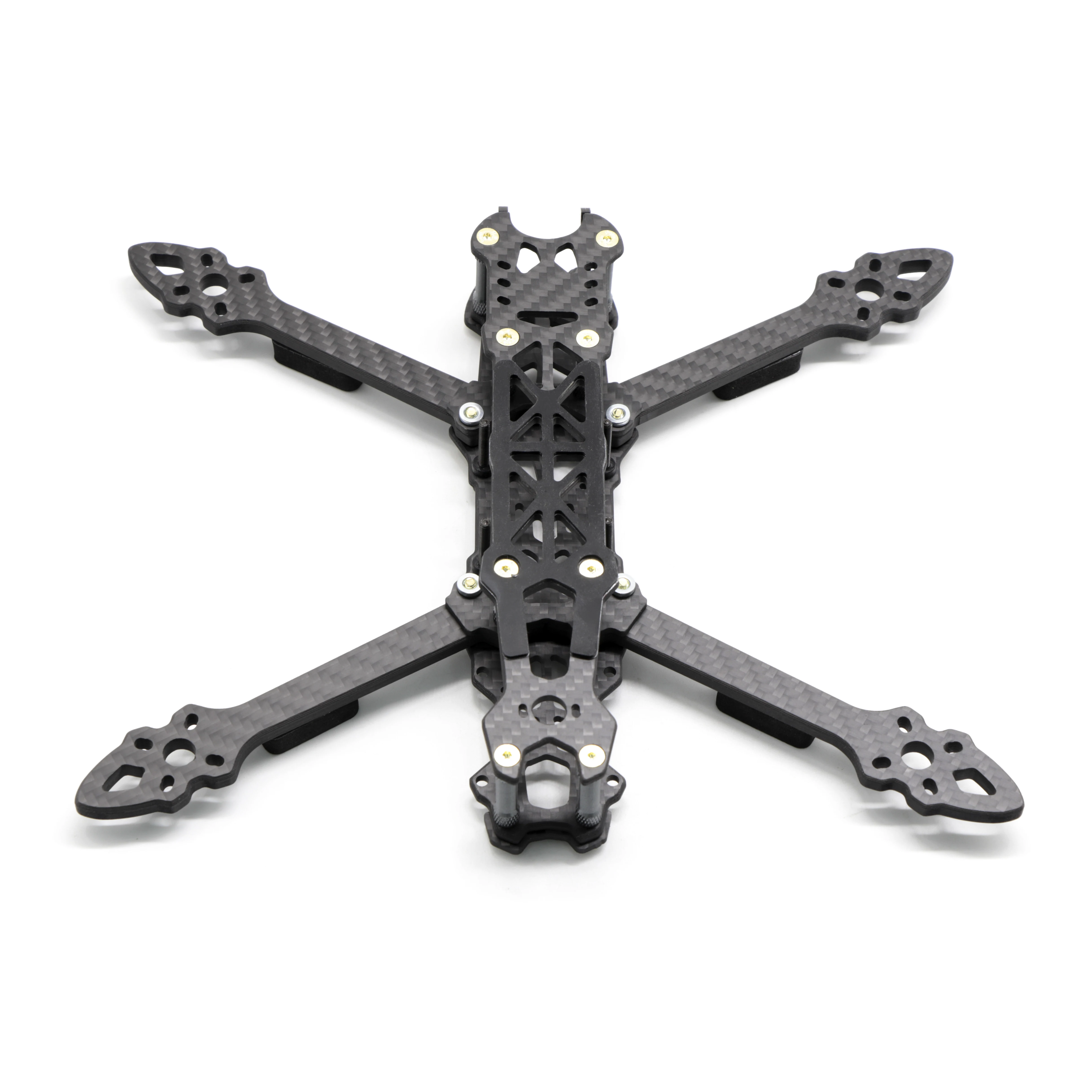 Châssis Mark4 pour drone FPV course, monté avec moteurs et hélices sur fond blanc.