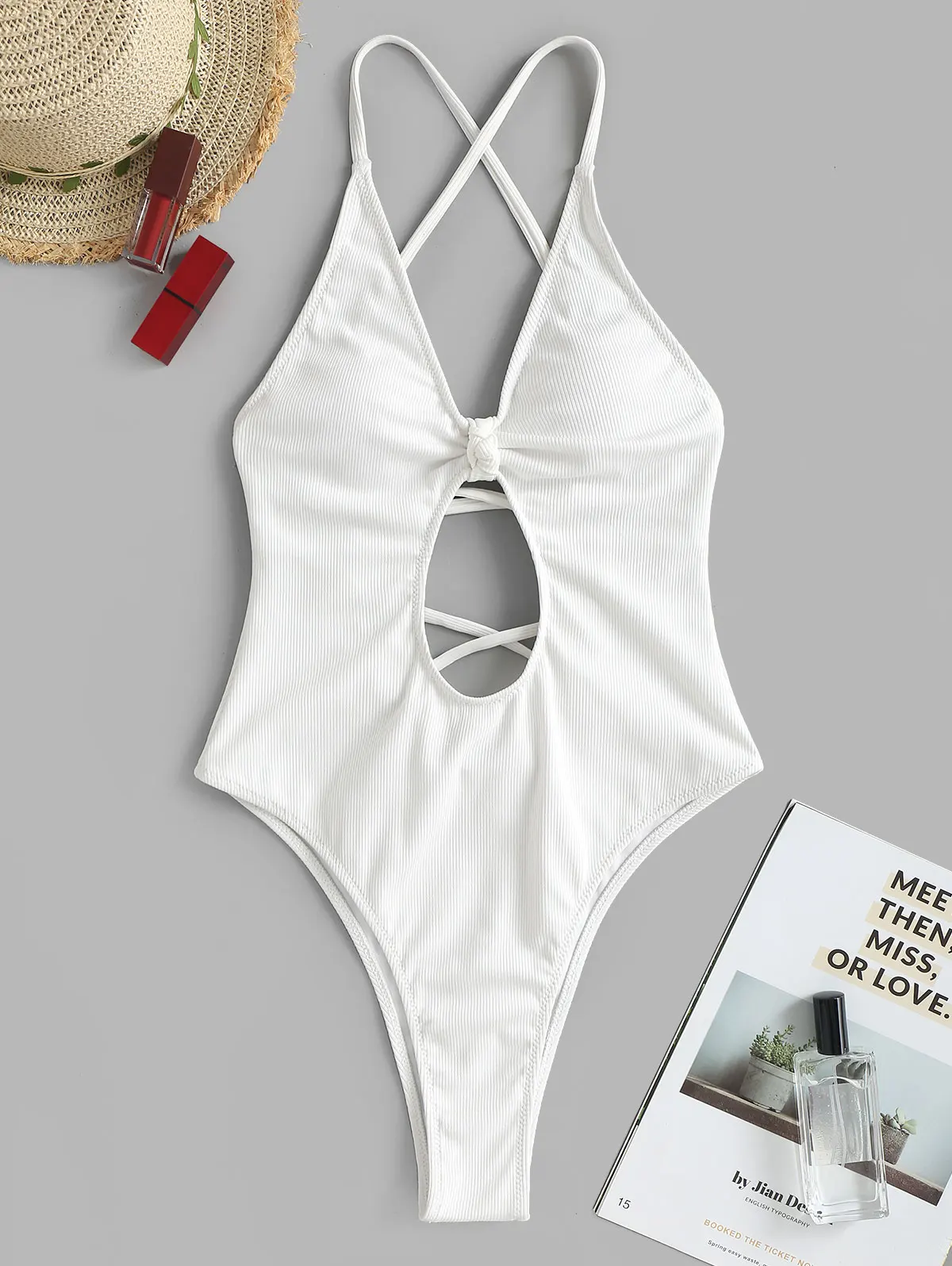 ZAFUL Knotted Ribbed Criss Cross Lace Up Cheeky One-piece Swimsuit