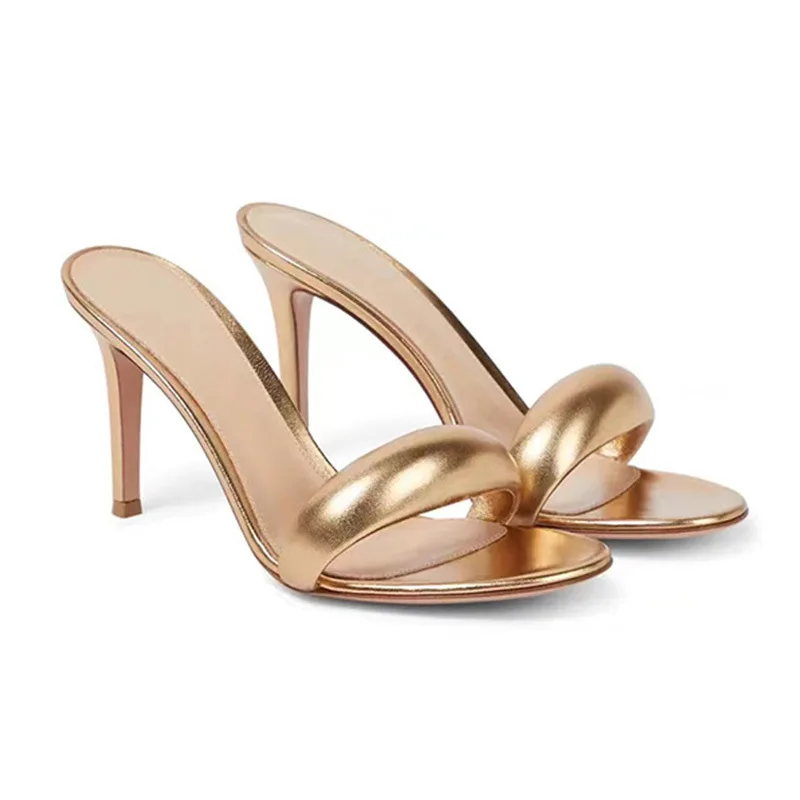 New Round Toe High Heels for Foreign Trade European and American Foreign Trade Large Size Slim Heels One Line Slippers for Women