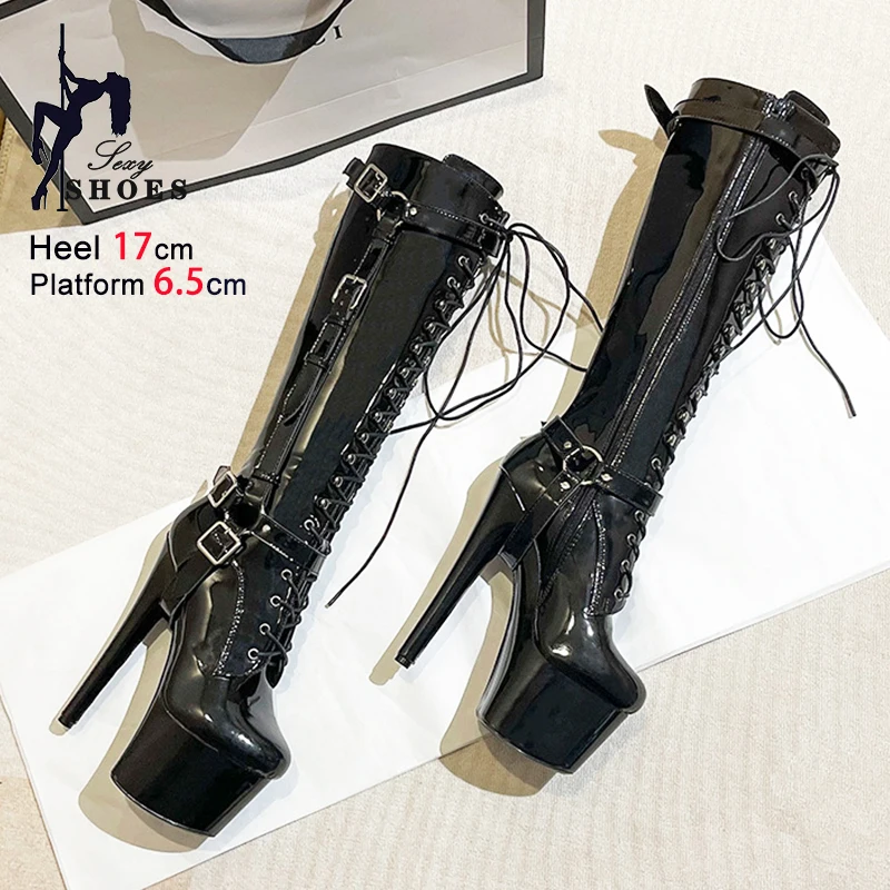 2025 Spring Autumn Women Boots 17CM Thin Heel Belt Strap Buckle Knee-high Stripper Pole Dance Boots Female Platform Fetish Shoes