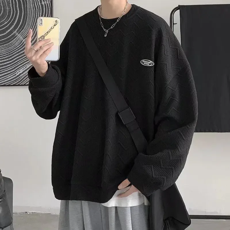 O Neck Sweatshirt Mens Casual Shirt Waffle Hoodie Long Sleeve Hoodless Pullover Man Loose Shirt Solid Sweatshirt Streetwear