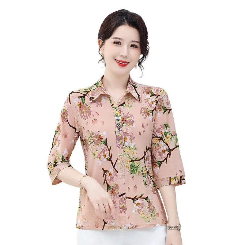 Middle aged mother Casual Loose Turn-down Collar Blouse Summer Fashion Vintage Printed Female Clothing Short Sleeve Shirt