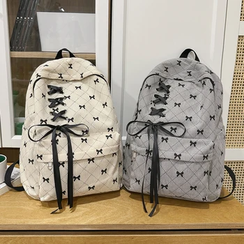 Zaino per il tempo libero, zaino in velluto a coste con fiocco per primavera ed estate, zaino stile college di grande capacità, zaino per pendolari