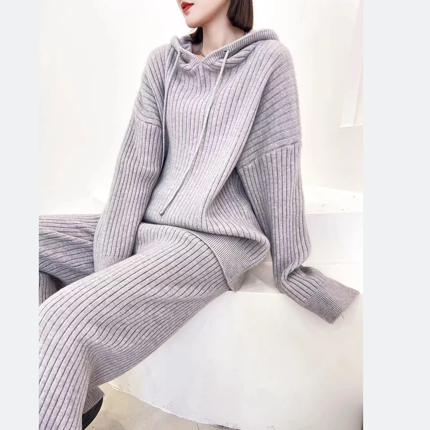 

women's new design knitted two pieces female fashion sweater vest cardigan coat high waisted wide-leg pants set y2k XQ30