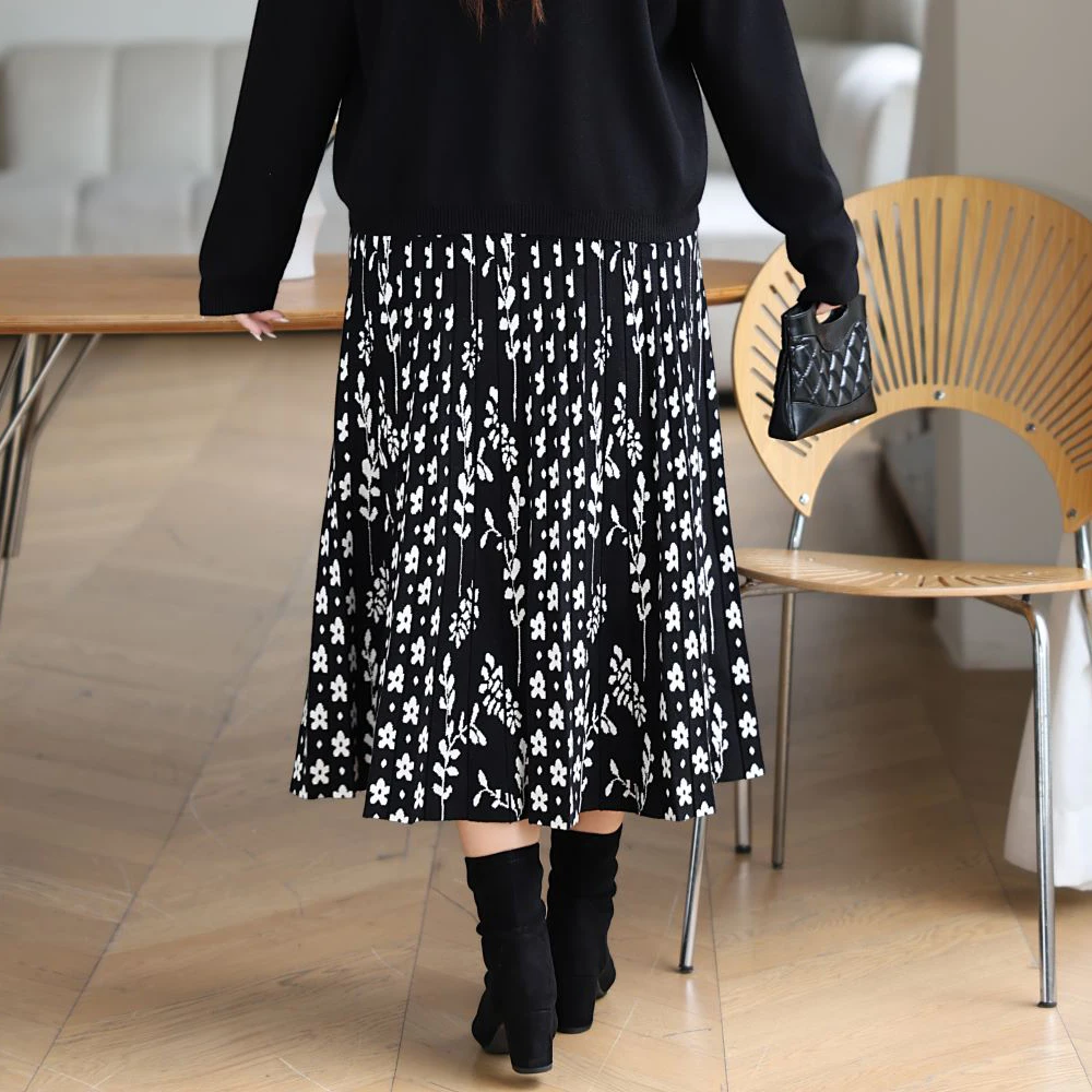 Plus Size Women's Pleated Skirt Premium Commuter Jacquard Solid Color High Waist Skirt A-Line Knitted Autumn Winter 2025