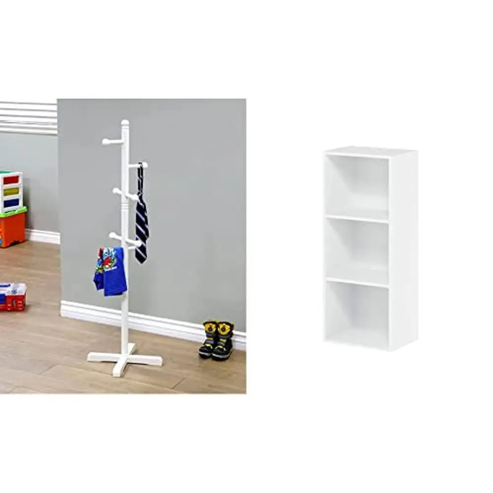 

Sturdy Coat Rack and Bookcase Combo White 3-Tier Kid's Room Playroom Organizer Easy Assembly Engineered Wood Tiered Shelves