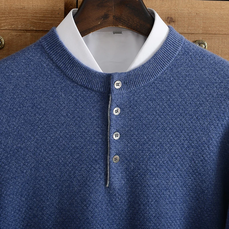 Pure cashmere sweater men's winter thickened solid color round neck jacquard sweater pullover button knitted pullover casual