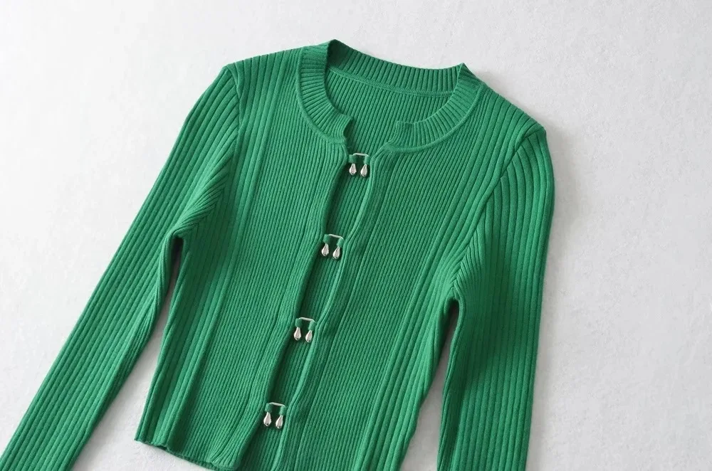 Women Cropped Knitted Cardigan With Metal Cut Out Hooks Buttons