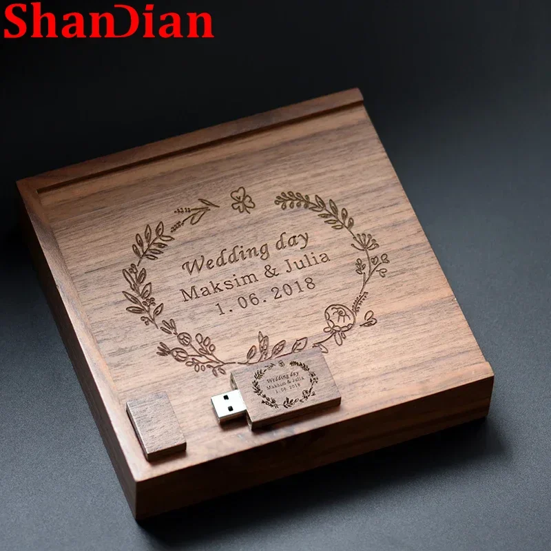 thumbnail image 1 of Caja de regalo de madera para fotografías, memoria USB 2.0, logotipo gratuito, memoria USB personalizada para bodas, memoria USB de capacidad real, disco U para fotografía de 64 G, 1 of 5