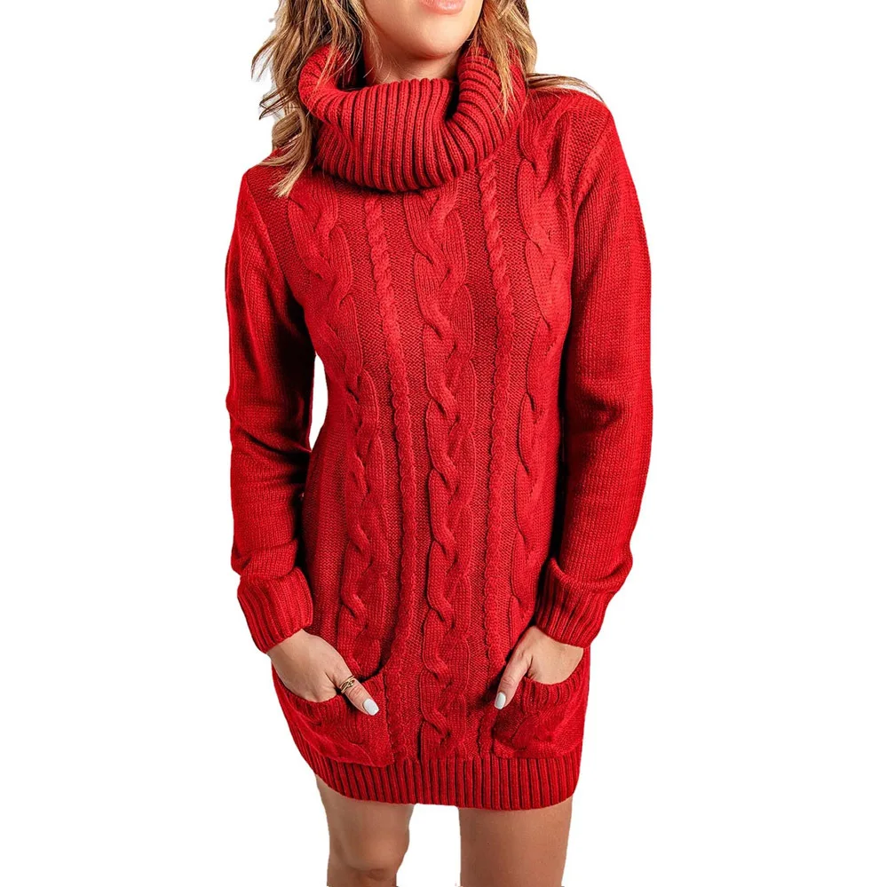 

Women Turtleneck Long Sleeve Knitted Sweater Solid Casual Red/black/khaki Pullover 2023 Femme Jumper