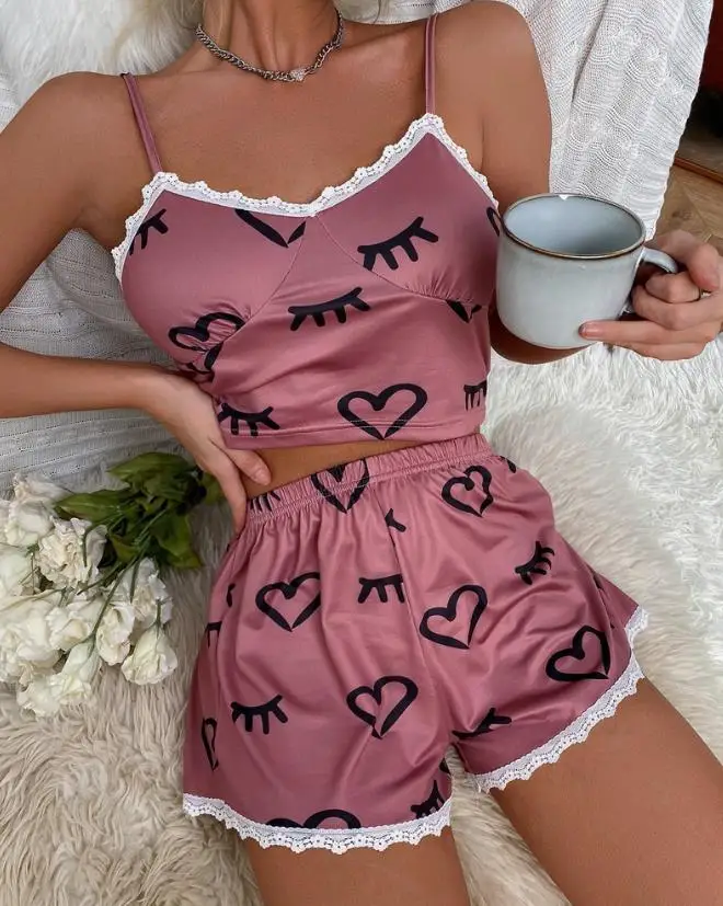 Heart Shaped Cartoon Print Lace Patch Camouflage Shorts Set, Latest Best-Selling Fashion Women's Home Exquisite Pajamas factory direct sales of the latest hot selling lcd tv 65 inch smart flat panel tv
