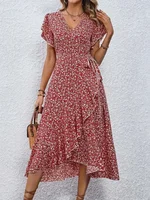 Plus Size 1XL-5XL Women's V-Neck Floral Print Dress Breathable Summer Casual Elegant Dress Sophisticated Style Long Beach Dress - Image 4