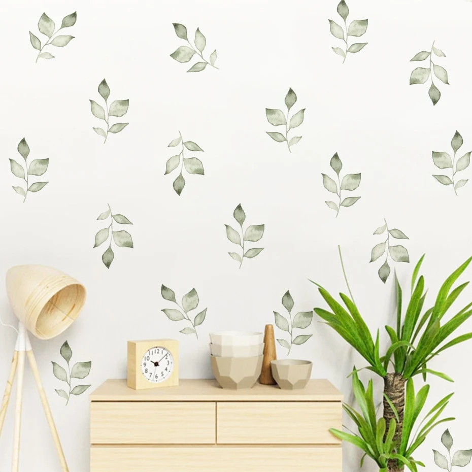 Boho Green Leaves Watercolor Wall Stickers Nursery Art Kids Room Removable Wall Decals Modern Children Interior Home Decoration