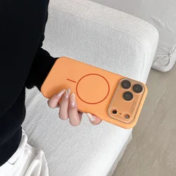 Premium Liquid Silicone Magnetic Charging Protective Phone Case with Glass Lens Cover - iPhone 15 (Orange)