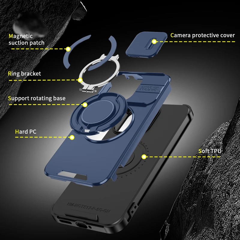 Magnetic Dropproof Phone Case with Rotatable Ring Stand and Slide Camera Cover